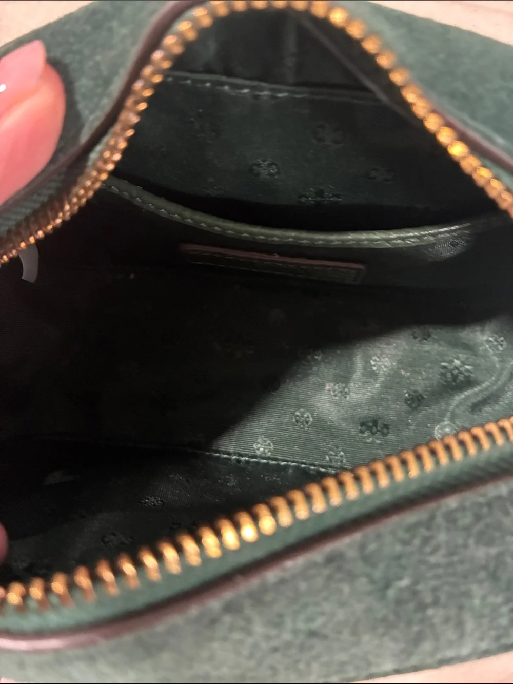 Tory Burch Forest Green Croc-Embossed Camera Bag with Gold Logo